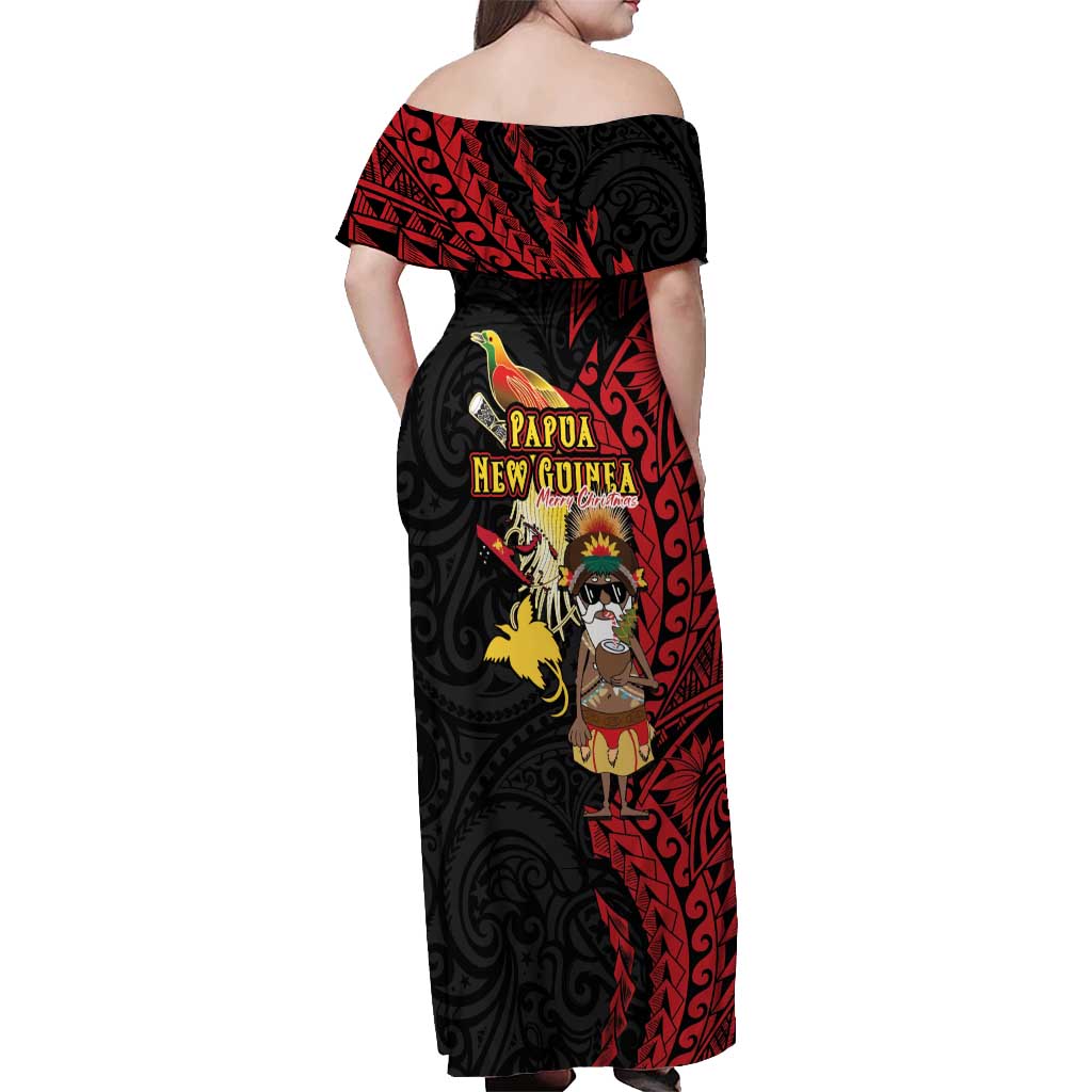 Papua New Guinea Christmas Off Shoulder Maxi Dress Funny Melanesian Santa with Bird-of-paradise Tribal Style LT03 - Polynesian Pride