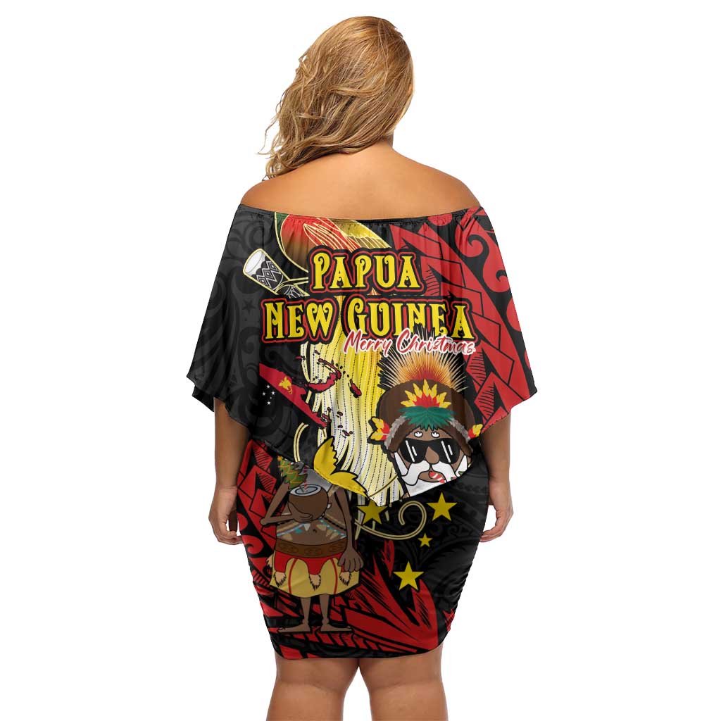 Papua New Guinea Christmas Off Shoulder Short Dress Funny Melanesian Santa with Bird-of-paradise Tribal Style LT03 - Polynesian Pride