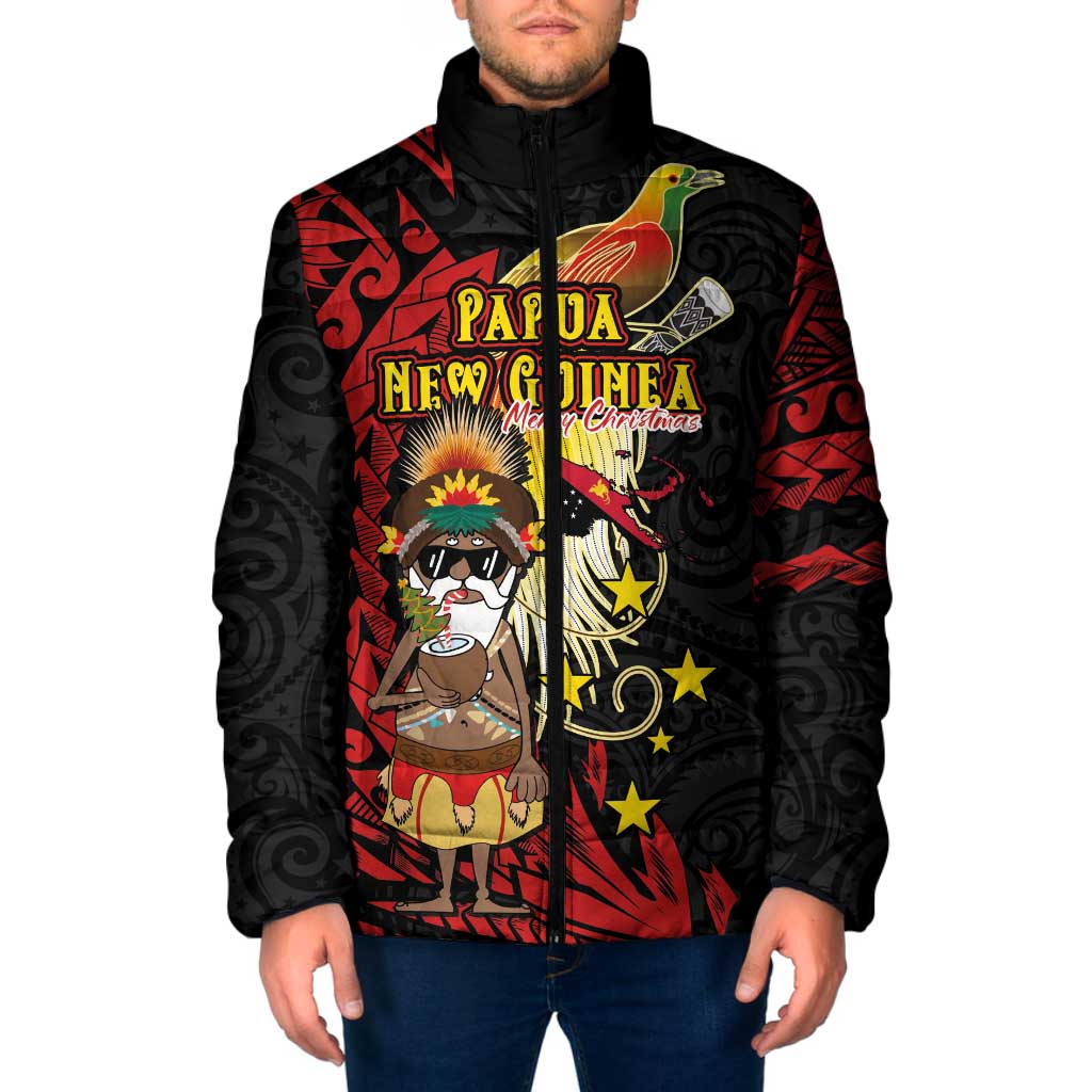 Papua New Guinea Christmas Padded Jacket Funny Melanesian Santa with Bird-of-paradise Tribal Style LT03 Men Black - Polynesian Pride