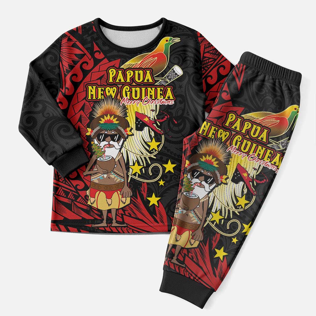 Papua New Guinea Christmas Pajama Set Funny Melanesian Santa with Bird-of-paradise Tribal Style LT03 Men Black - Polynesian Pride