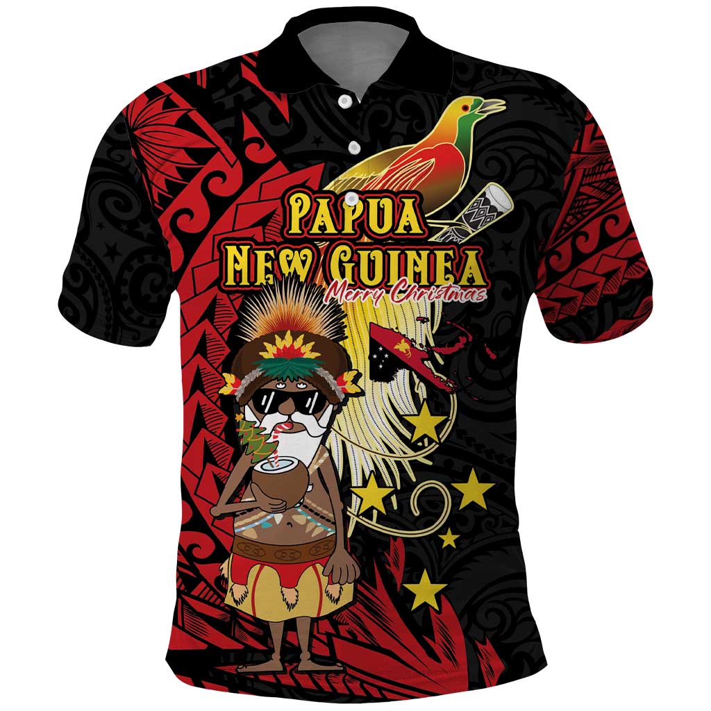 Papua New Guinea Christmas Polo Shirt Funny Melanesian Santa with Bird-of-paradise Tribal Style LT03 Black - Polynesian Pride