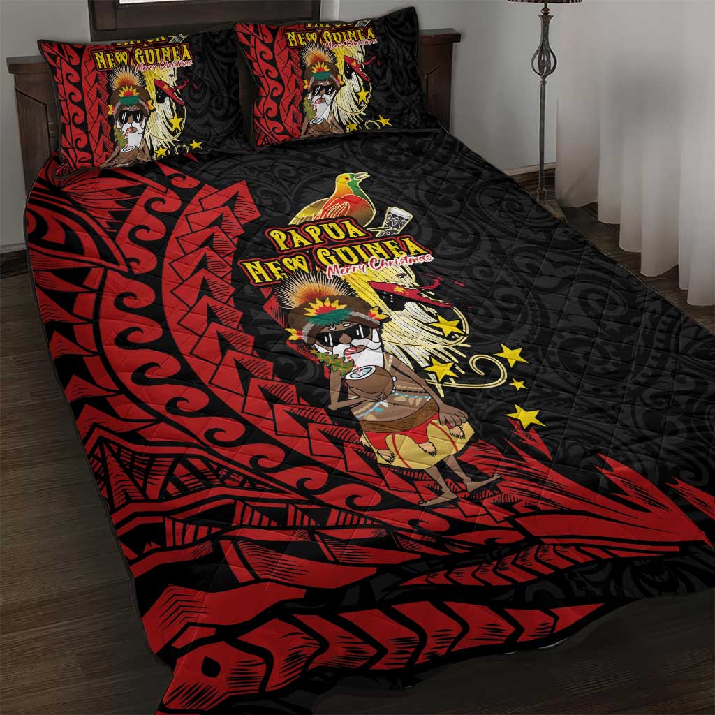 Papua New Guinea Christmas Quilt Bed Set Funny Melanesian Santa with Bird-of-paradise Tribal Style LT03 Black - Polynesian Pride