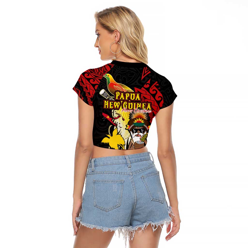 Papua New Guinea Christmas Raglan Cropped T Shirt Funny Melanesian Santa with Bird-of-paradise Tribal Style LT03 - Polynesian Pride