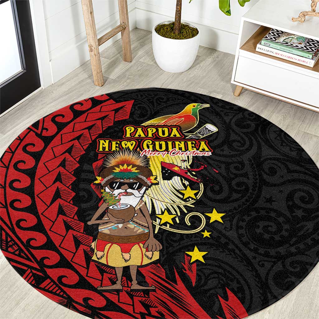Papua New Guinea Christmas Round Carpet Funny Melanesian Santa with Bird-of-paradise Tribal Style LT03 Black - Polynesian Pride