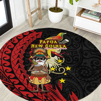 Papua New Guinea Christmas Round Carpet Funny Melanesian Santa with Bird-of-paradise Tribal Style LT03 Black - Polynesian Pride