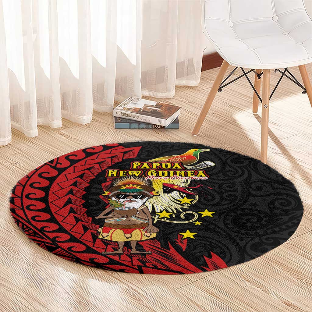 Papua New Guinea Christmas Round Carpet Funny Melanesian Santa with Bird-of-paradise Tribal Style LT03 - Polynesian Pride