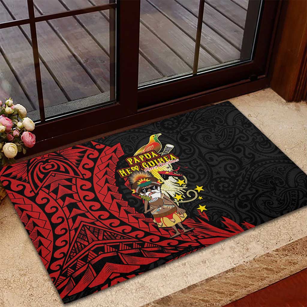 Papua New Guinea Christmas Rubber Doormat Funny Melanesian Santa with Bird-of-paradise Tribal Style LT03 - Polynesian Pride