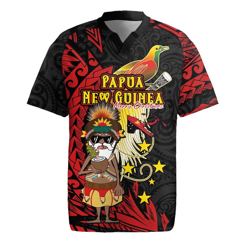 Papua New Guinea Christmas Rugby Jersey Funny Melanesian Santa with Bird-of-paradise Tribal Style LT03 Black - Polynesian Pride