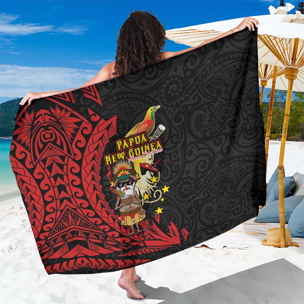 Papua New Guinea Christmas Sarong Funny Melanesian Santa with Bird-of-paradise Tribal Style LT03 One Size 44 x 66 inches Black - Polynesian Pride