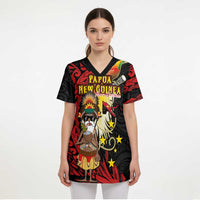 Papua New Guinea Christmas Scrub Top Funny Melanesian Santa with Bird-of-paradise Tribal Style LT03 - Polynesian Pride