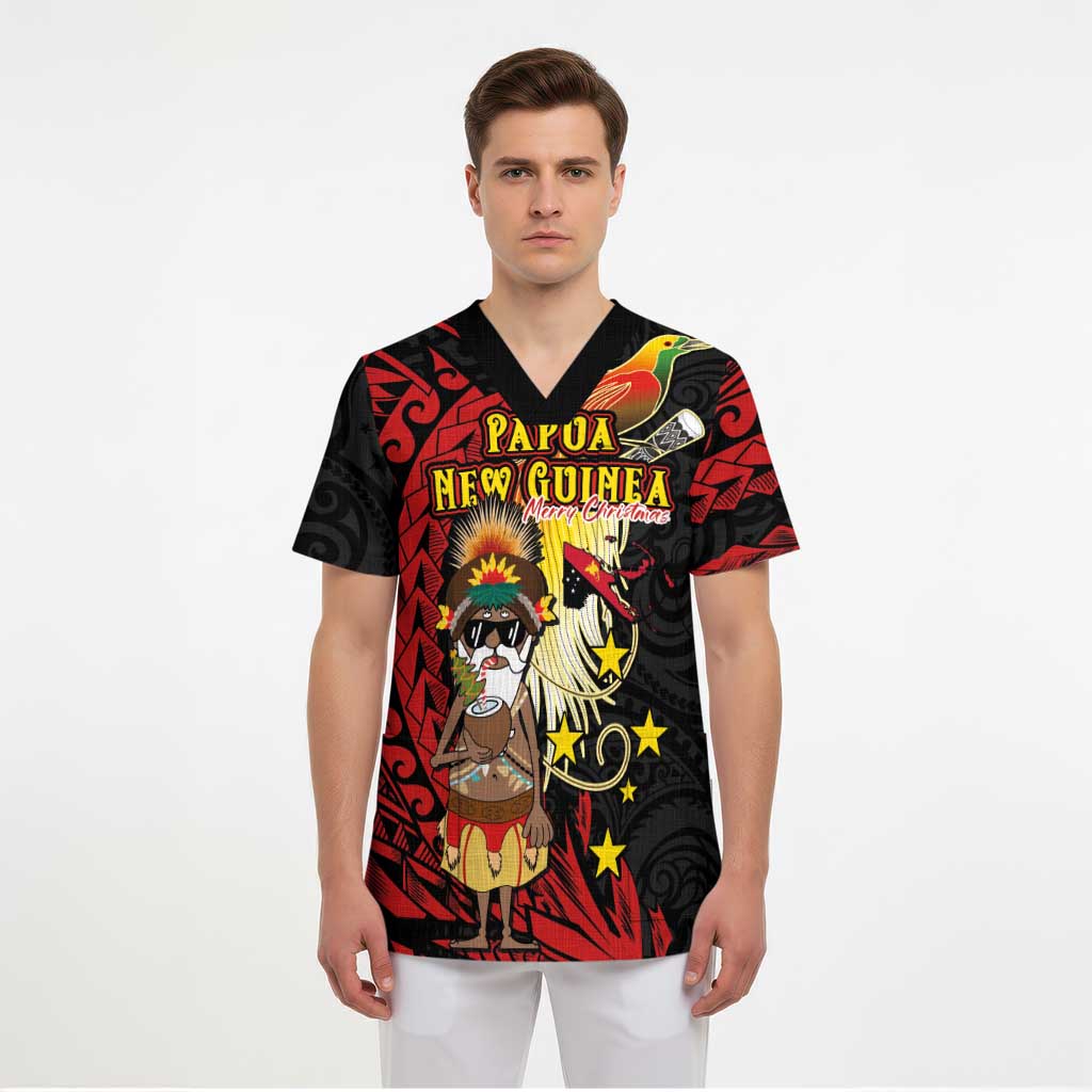 Papua New Guinea Christmas Scrub Top Funny Melanesian Santa with Bird-of-paradise Tribal Style LT03 - Polynesian Pride
