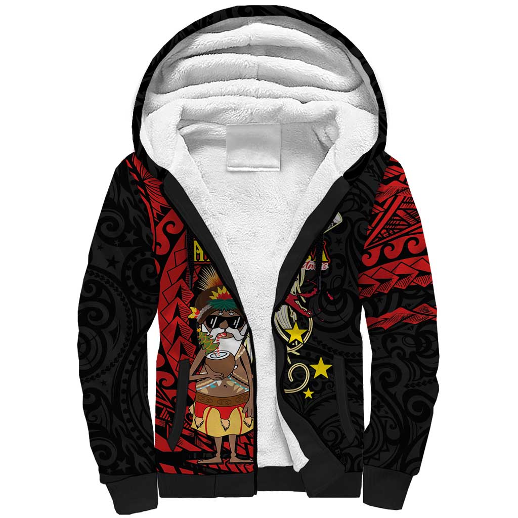 Papua New Guinea Christmas Sherpa Hoodie Funny Melanesian Santa with Bird-of-paradise Tribal Style LT03 Unisex Black - Polynesian Pride