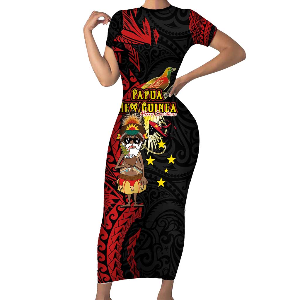 Papua New Guinea Christmas Short Sleeve Bodycon Dress Funny Melanesian Santa with Bird-of-paradise Tribal Style - Polynesian Pride