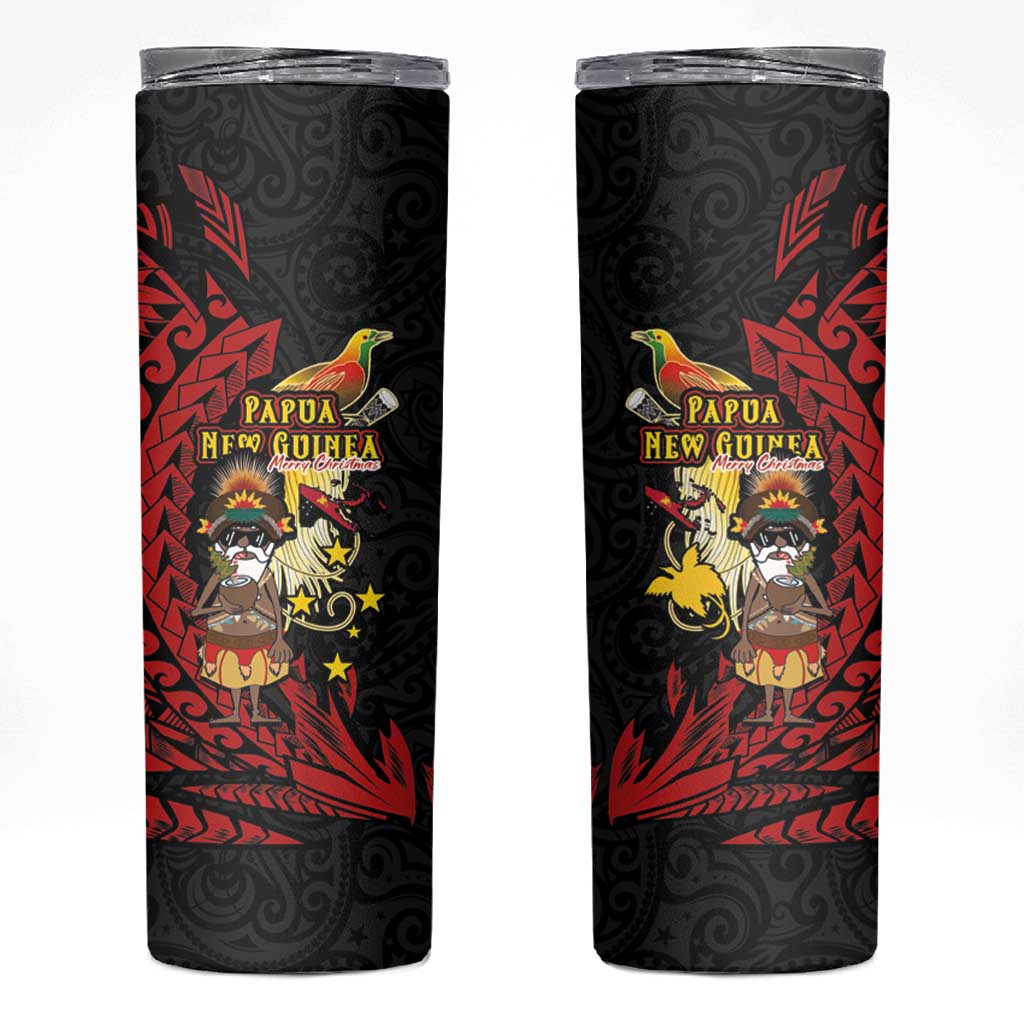 Papua New Guinea Christmas Skinny Tumbler Funny Melanesian Santa with Bird-of-paradise Tribal Style LT03 Black - Polynesian Pride