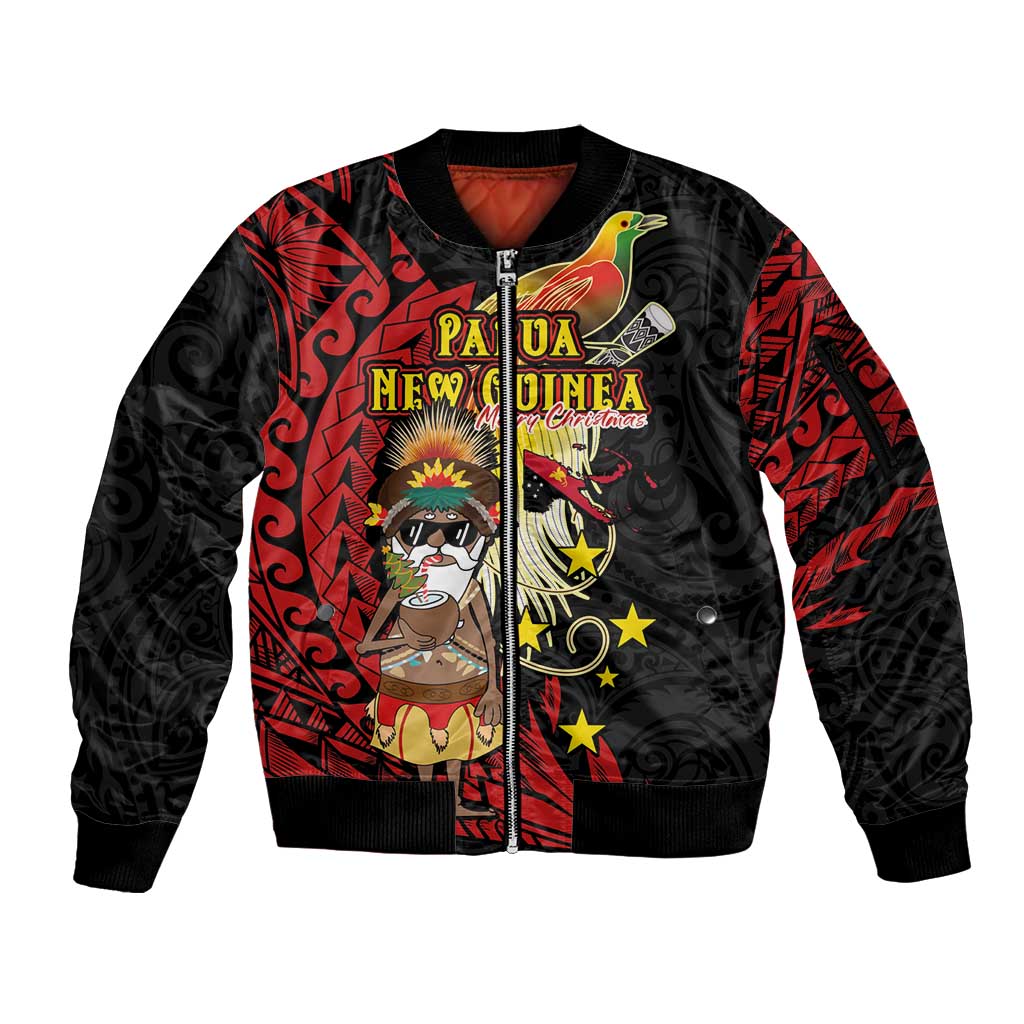 Papua New Guinea Christmas Sleeve Zip Bomber Jacket Funny Melanesian Santa with Bird-of-paradise Tribal Style LT03 Unisex Black - Polynesian Pride