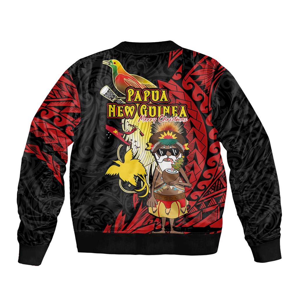 Papua New Guinea Christmas Sleeve Zip Bomber Jacket Funny Melanesian Santa with Bird-of-paradise Tribal Style LT03 - Polynesian Pride