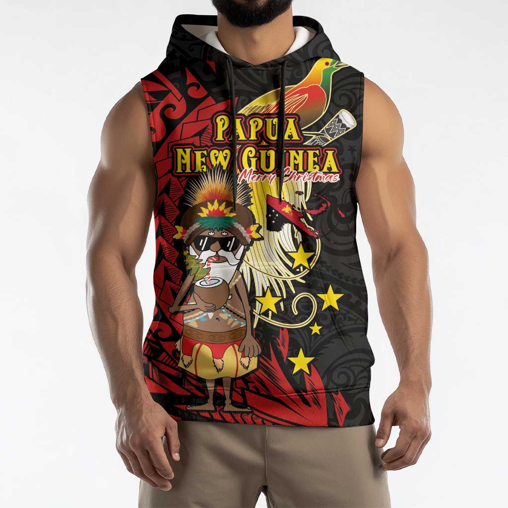 Papua New Guinea Christmas Sleeveless Hoodie Funny Melanesian Santa with Bird-of-paradise Tribal Style LT03 - Polynesian Pride