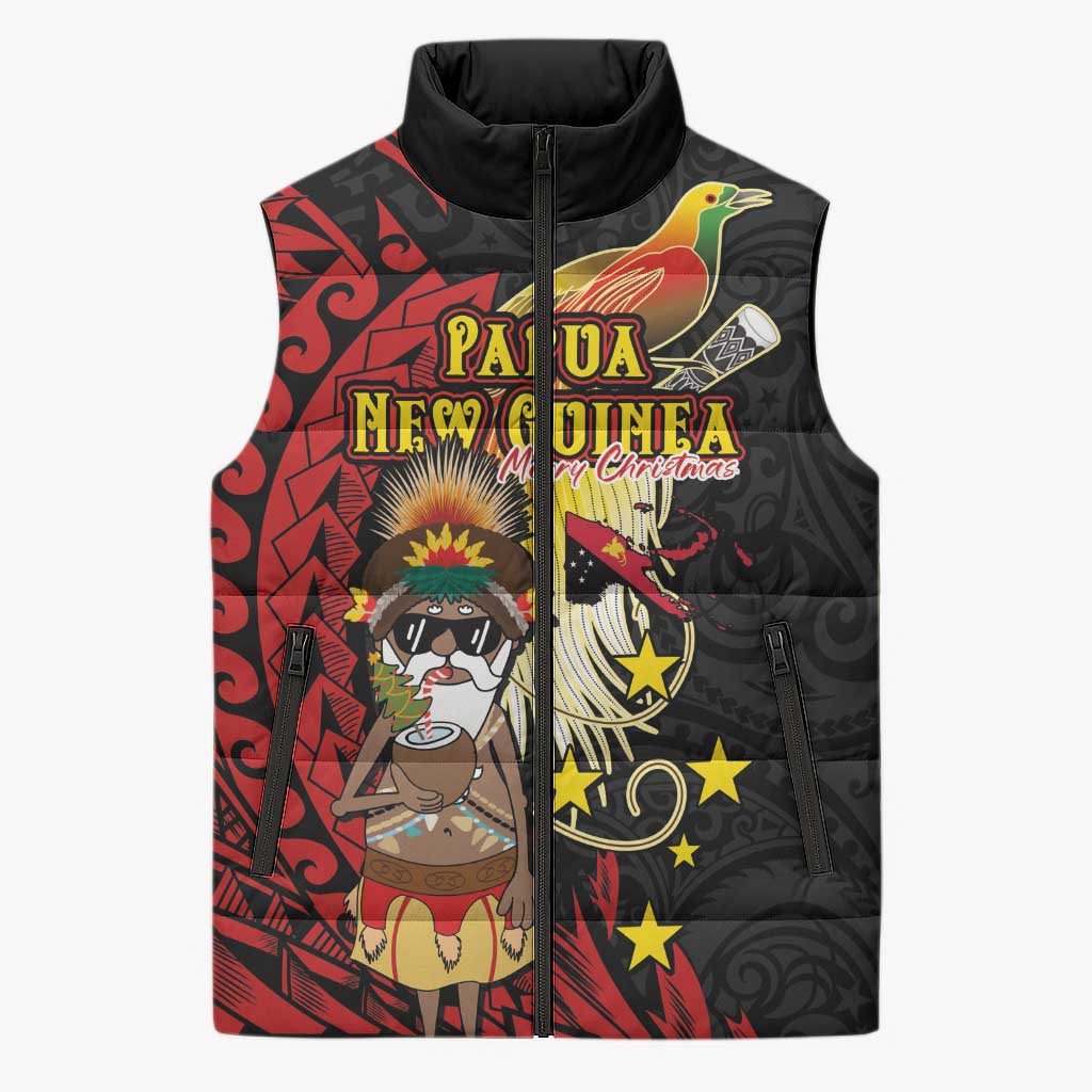 Papua New Guinea Christmas Sleeveless Puffer Jacket Funny Melanesian Santa with Bird-of-paradise Tribal Style LT03 Unisex Black - Polynesian Pride
