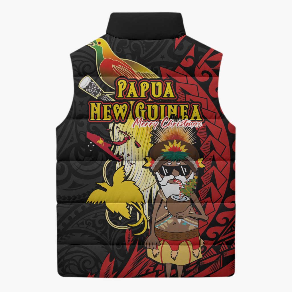 Papua New Guinea Christmas Sleeveless Puffer Jacket Funny Melanesian Santa with Bird-of-paradise Tribal Style LT03 - Polynesian Pride