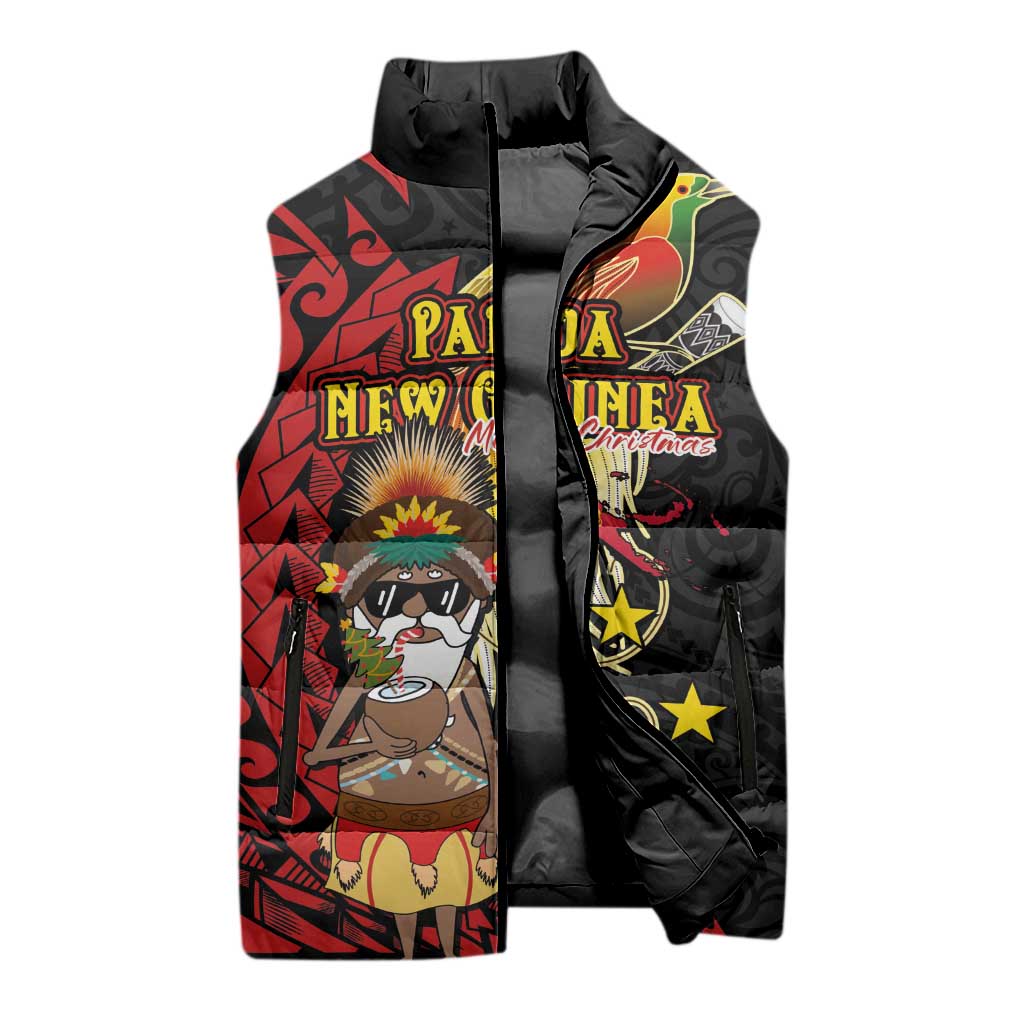 Papua New Guinea Christmas Sleeveless Puffer Jacket Funny Melanesian Santa with Bird-of-paradise Tribal Style LT03 - Polynesian Pride