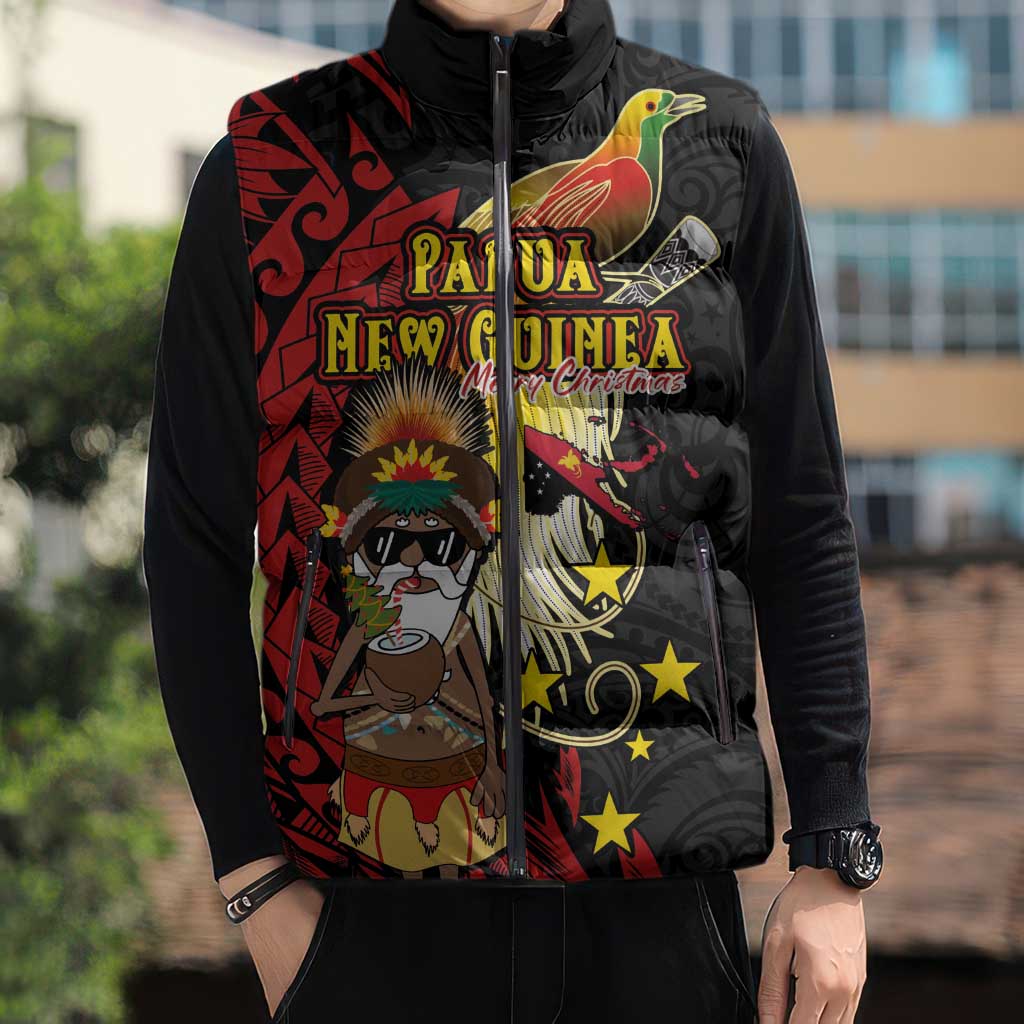 Papua New Guinea Christmas Sleeveless Puffer Jacket Funny Melanesian Santa with Bird-of-paradise Tribal Style LT03 - Polynesian Pride