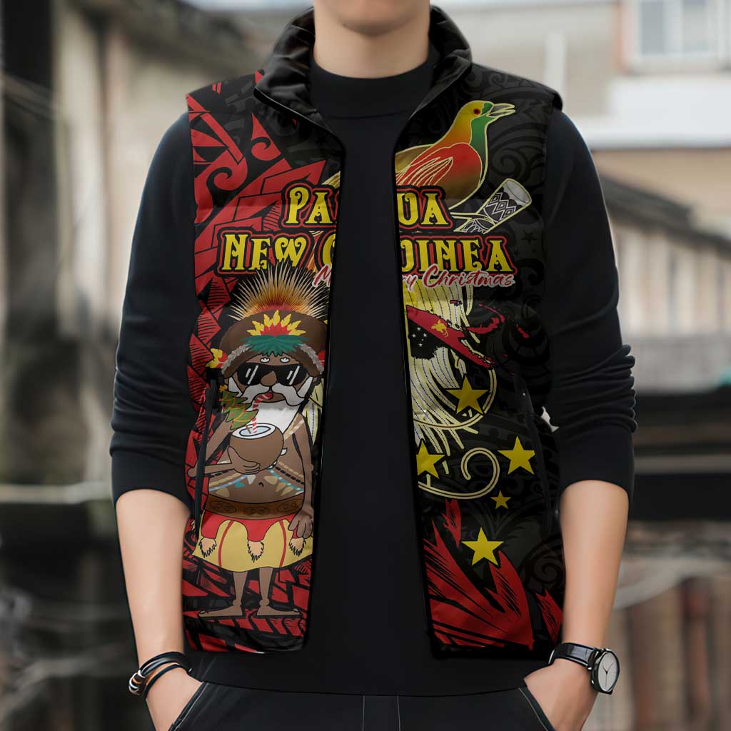 Papua New Guinea Christmas Sleeveless Puffer Jacket Funny Melanesian Santa with Bird-of-paradise Tribal Style LT03 - Polynesian Pride