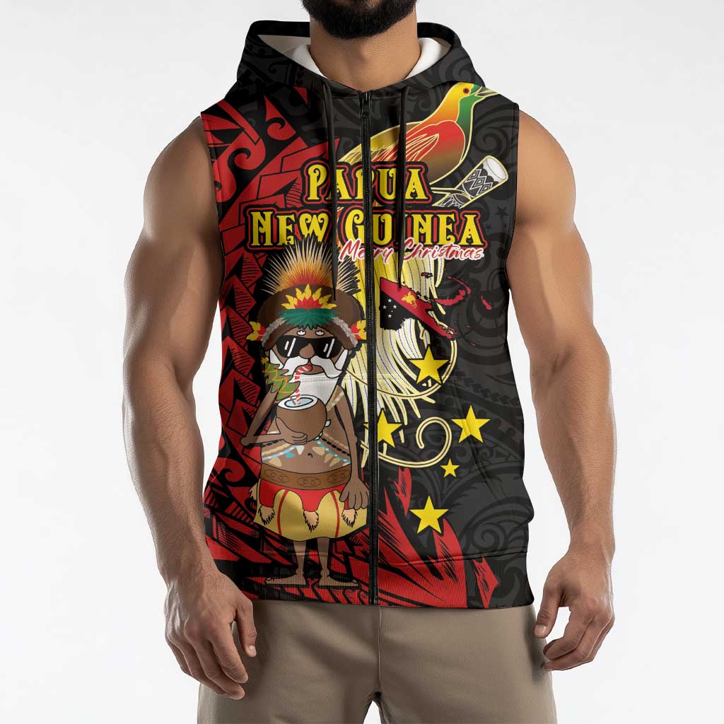 Papua New Guinea Christmas Sleeveless Zip Hoodie Funny Melanesian Santa with Bird-of-paradise Tribal Style LT03 - Polynesian Pride