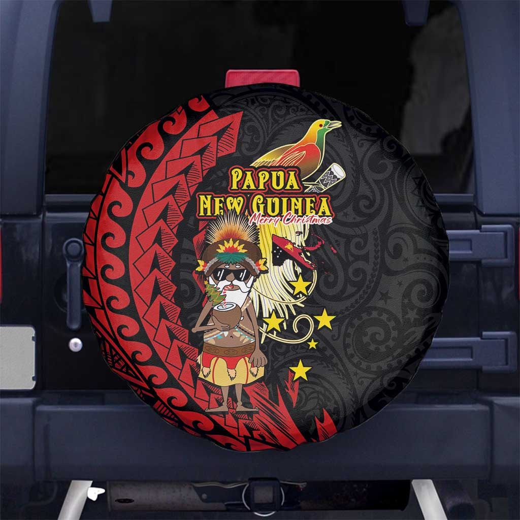 Papua New Guinea Christmas Spare Tire Cover Funny Melanesian Santa with Bird-of-paradise Tribal Style LT03 No hole Black - Polynesian Pride