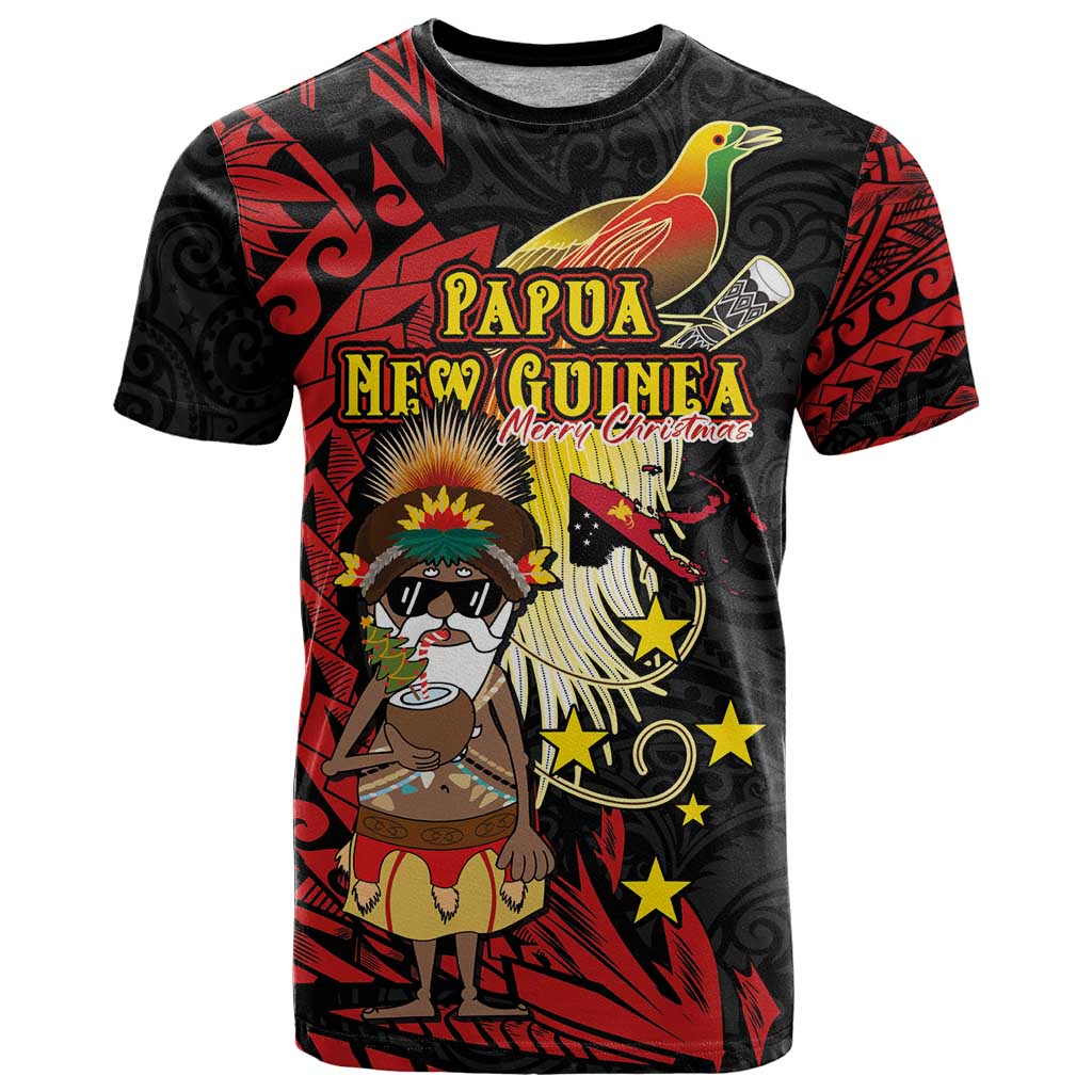 Papua New Guinea Christmas T Shirt Funny Melanesian Santa with Bird-of-paradise Tribal Style LT03 Black - Polynesian Pride