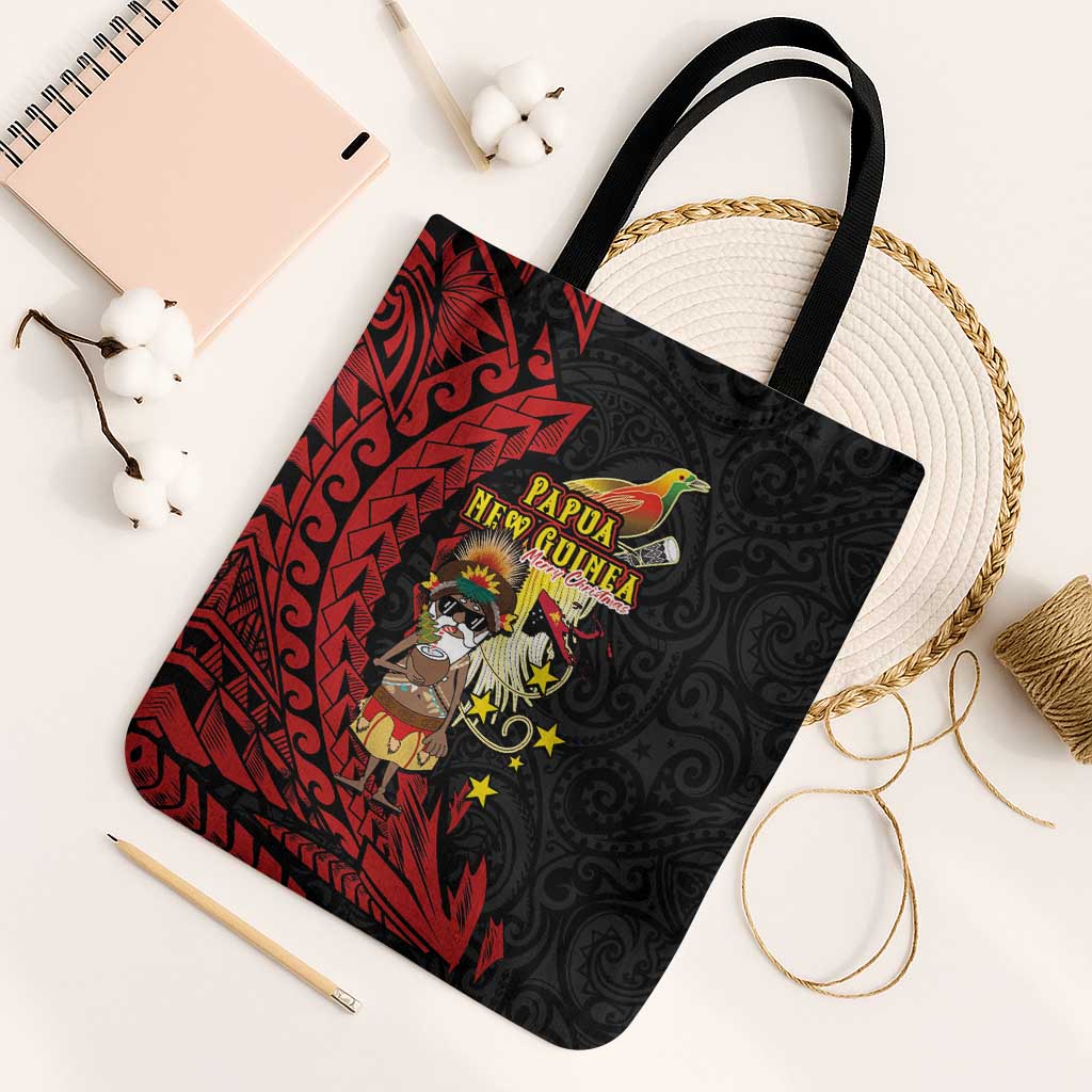 Papua New Guinea Christmas Tote Bag Funny Melanesian Santa with Bird-of-paradise Tribal Style LT03 Black Strap One Size Black - Polynesian Pride