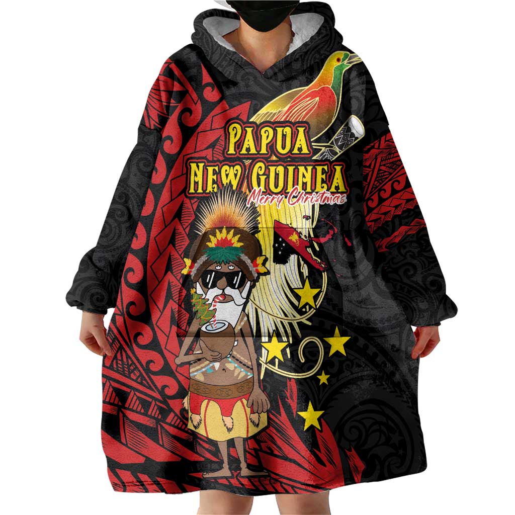 Papua New Guinea Christmas Wearable Blanket Hoodie Funny Melanesian Santa with Bird-of-paradise Tribal Style LT03 - Polynesian Pride