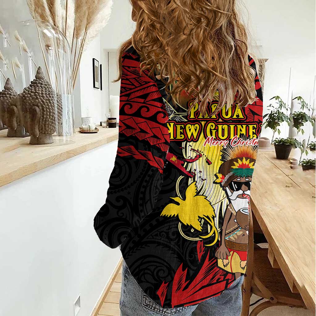Papua New Guinea Christmas Women Casual Shirt Funny Melanesian Santa with Bird-of-paradise Tribal Style LT03 - Polynesian Pride