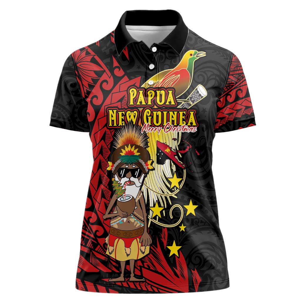 Papua New Guinea Christmas Women Polo Shirt Funny Melanesian Santa with Bird-of-paradise Tribal Style LT03 Female Black - Polynesian Pride