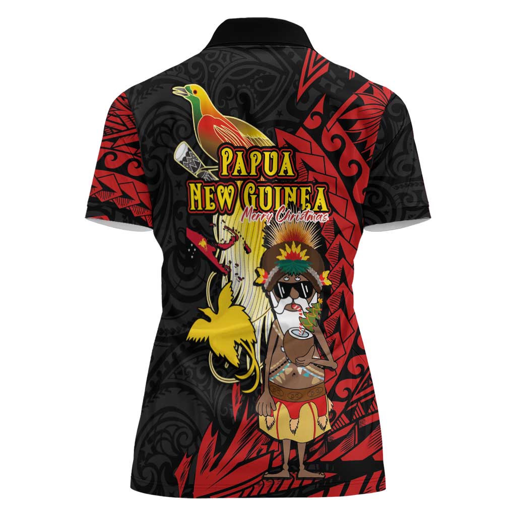 Papua New Guinea Christmas Women Polo Shirt Funny Melanesian Santa with Bird-of-paradise Tribal Style LT03 - Polynesian Pride