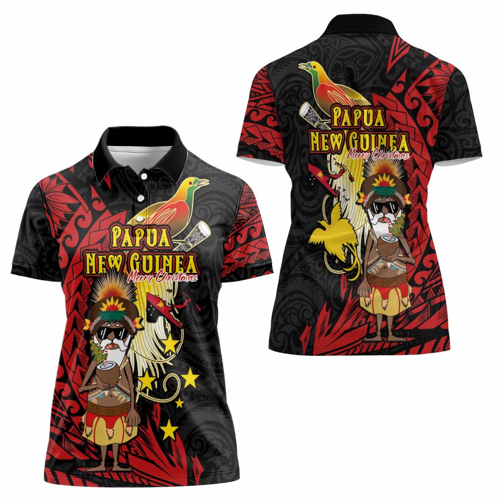 Papua New Guinea Christmas Women Polo Shirt Funny Melanesian Santa with Bird-of-paradise Tribal Style LT03 - Polynesian Pride