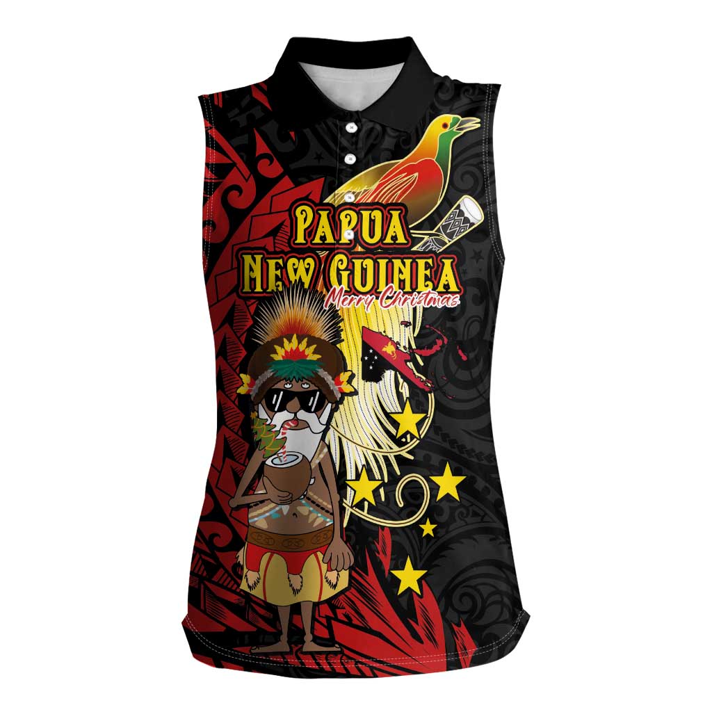 Papua New Guinea Christmas Women Sleeveless Polo Shirt Funny Melanesian Santa with Bird-of-paradise Tribal Style LT03 Female Black - Polynesian Pride