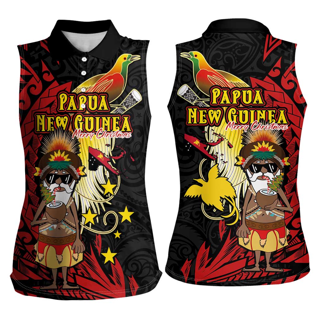 Papua New Guinea Christmas Women Sleeveless Polo Shirt Funny Melanesian Santa with Bird-of-paradise Tribal Style LT03 - Polynesian Pride