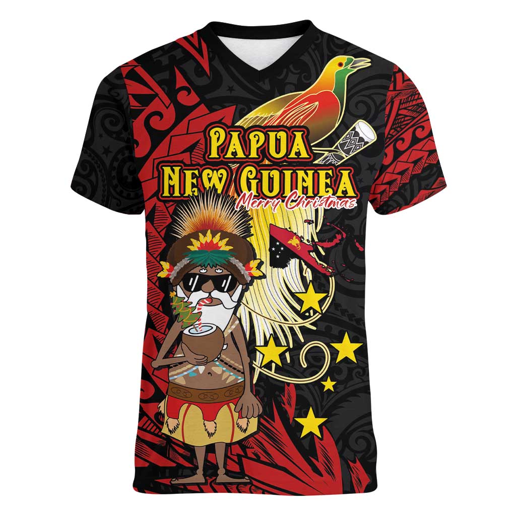 Papua New Guinea Christmas Women V-Neck T-Shirt Funny Melanesian Santa with Bird-of-paradise Tribal Style LT03 Female Black - Polynesian Pride