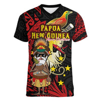Papua New Guinea Christmas Women V-Neck T-Shirt Funny Melanesian Santa with Bird-of-paradise Tribal Style LT03 Female Black - Polynesian Pride