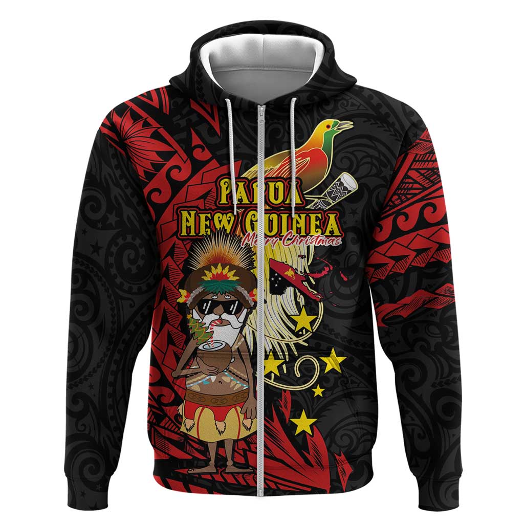 Papua New Guinea Christmas Zip Hoodie Funny Melanesian Santa with Bird-of-paradise Tribal Style LT03 Zip Hoodie Black - Polynesian Pride