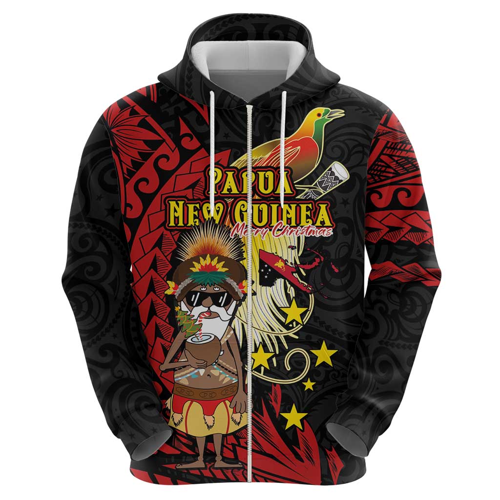 Papua New Guinea Christmas Zip Hoodie Funny Melanesian Santa with Bird-of-paradise Tribal Style LT03 - Polynesian Pride