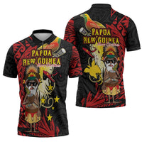 Papua New Guinea Christmas Zipper Polo Shirt Funny Melanesian Santa with Bird-of-paradise Tribal Style LT03 - Polynesian Pride