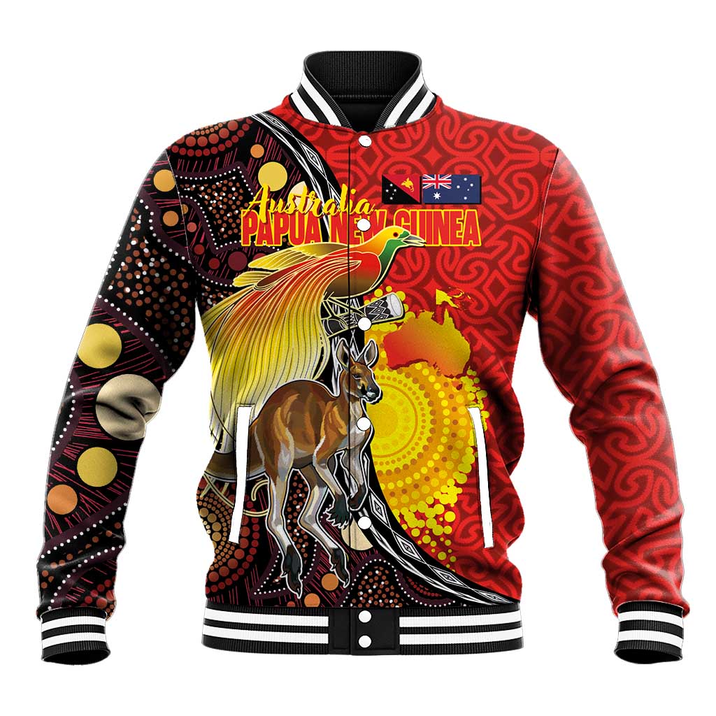 Australia and Papua New Guinea Together Baseball Jacket Bird-of-paradise and Kangaroo with Oro Tapa and Aboriginal Art Motifs LT03 Unisex Black - Polynesian Pride