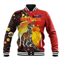 Australia and Papua New Guinea Together Baseball Jacket Bird-of-paradise and Kangaroo with Oro Tapa and Aboriginal Art Motifs LT03 Unisex Black - Polynesian Pride