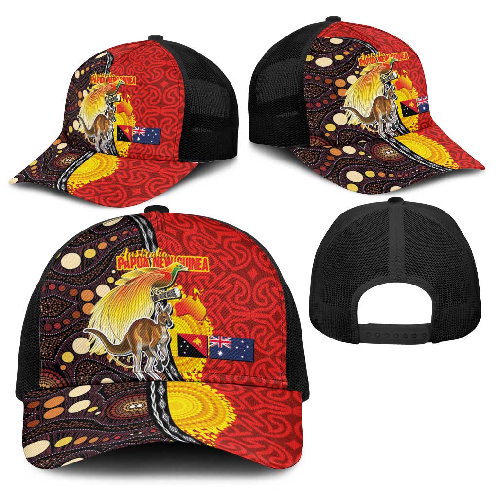 Australia and Papua New Guinea Together Baseball Net Cap Bird-of-paradise and Kangaroo with Oro Tapa and Aboriginal Art Motifs LT03 - Polynesian Pride