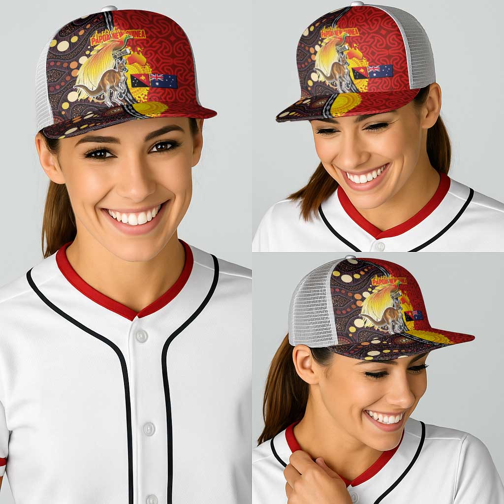 Australia and Papua New Guinea Together Baseball Net Cap Bird-of-paradise and Kangaroo with Oro Tapa and Aboriginal Art Motifs LT03 - Polynesian Pride