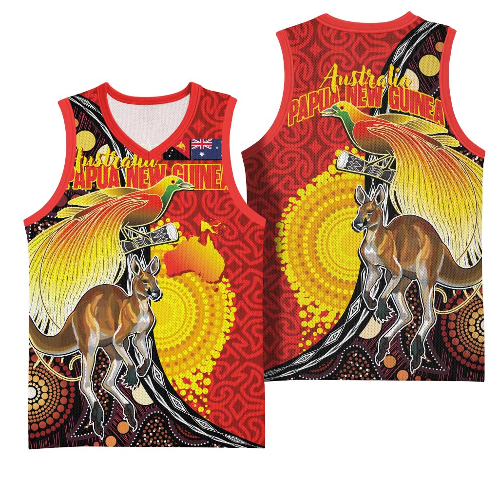Australia and Papua New Guinea Together Basketball Jersey Bird-of-paradise and Kangaroo with Oro Tapa and Aboriginal Art Motifs LT03 - Polynesian Pride