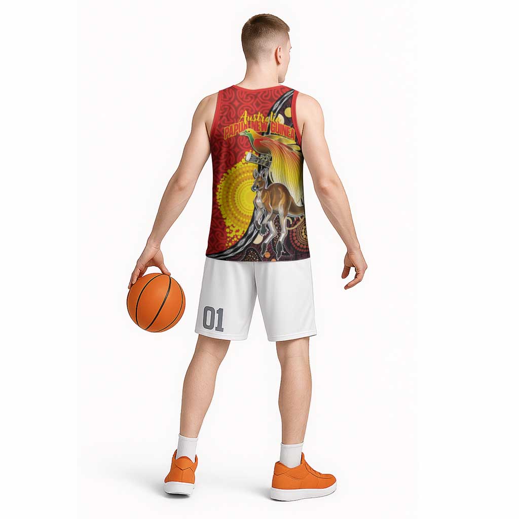 Australia and Papua New Guinea Together Basketball Jersey Bird-of-paradise and Kangaroo with Oro Tapa and Aboriginal Art Motifs LT03 - Polynesian Pride