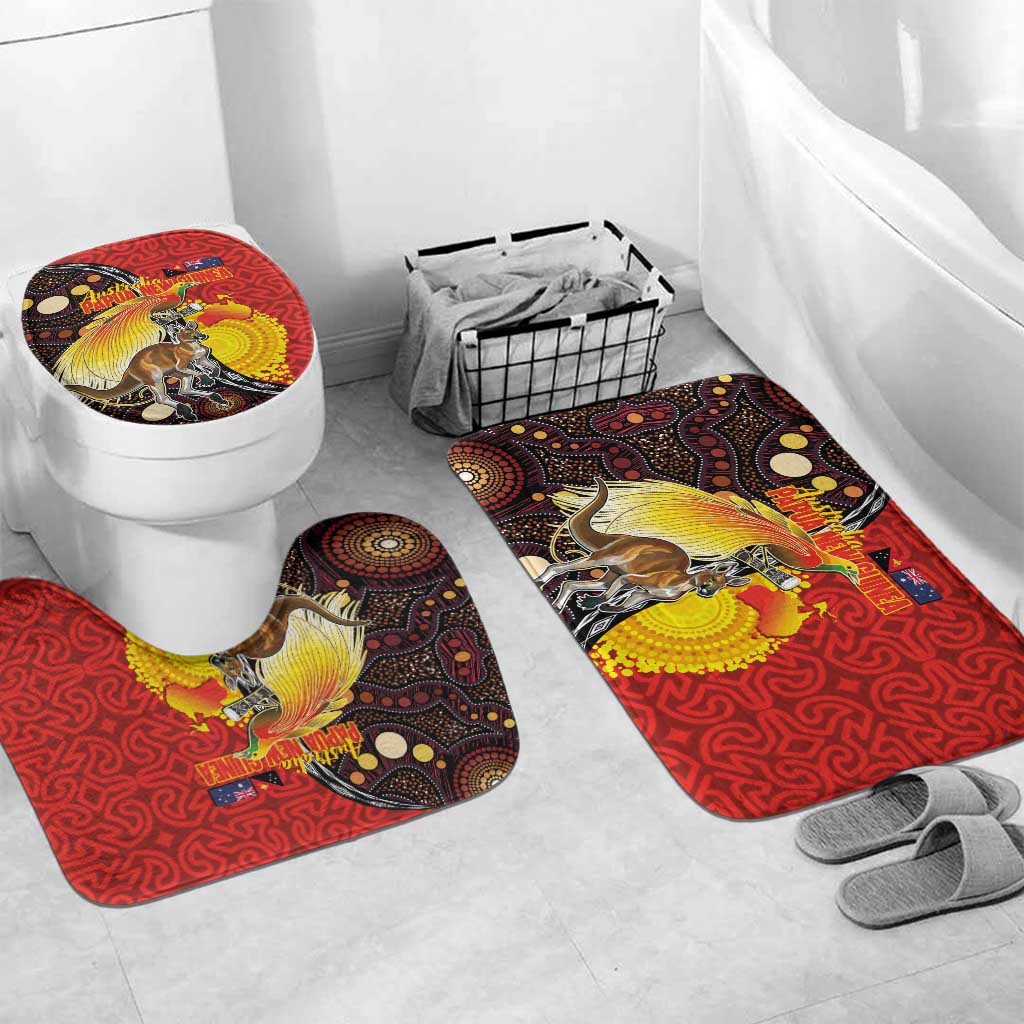 Australia and Papua New Guinea Together Bathroom Set Bird-of-paradise and Kangaroo with Oro Tapa and Aboriginal Art Motifs LT03 Mat Set Only (3 pcs) One Size Black - Polynesian Pride