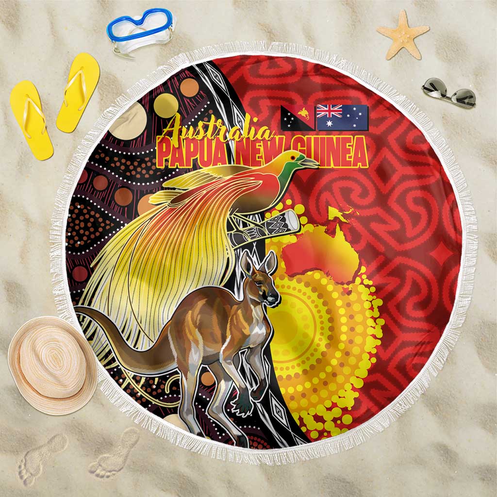 Australia and Papua New Guinea Together Beach Blanket Bird-of-paradise and Kangaroo with Oro Tapa and Aboriginal Art Motifs LT03 One Size 150cm Black - Polynesian Pride